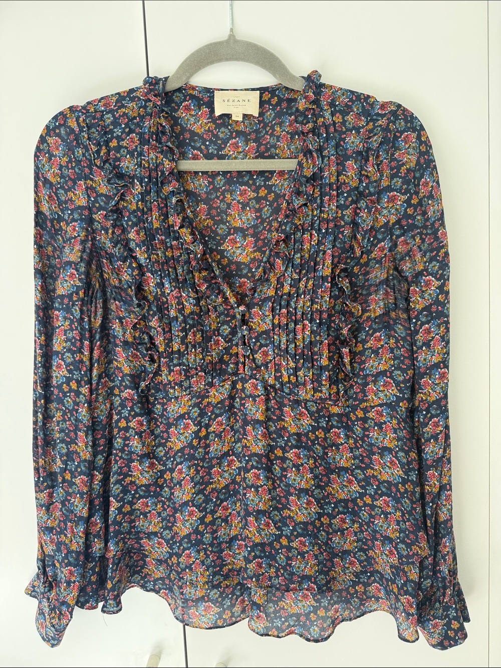 Sezane Navy Multicolor Floral Pintuck Ruffle Silk Blouse